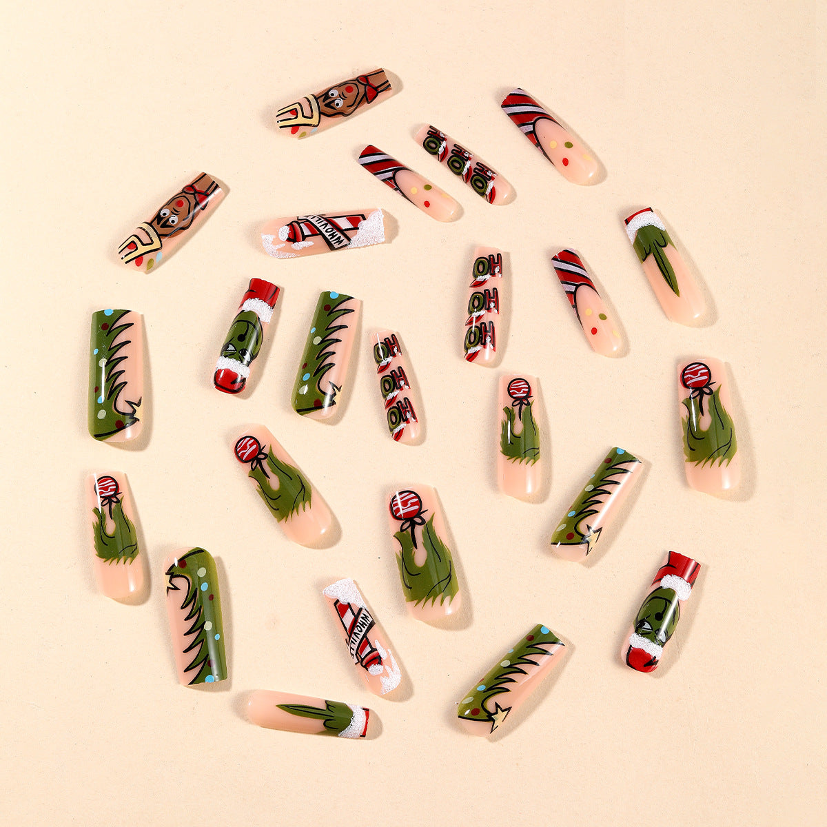 Christmas Press on Nails with Grinch, Santa and Candy Cane Art