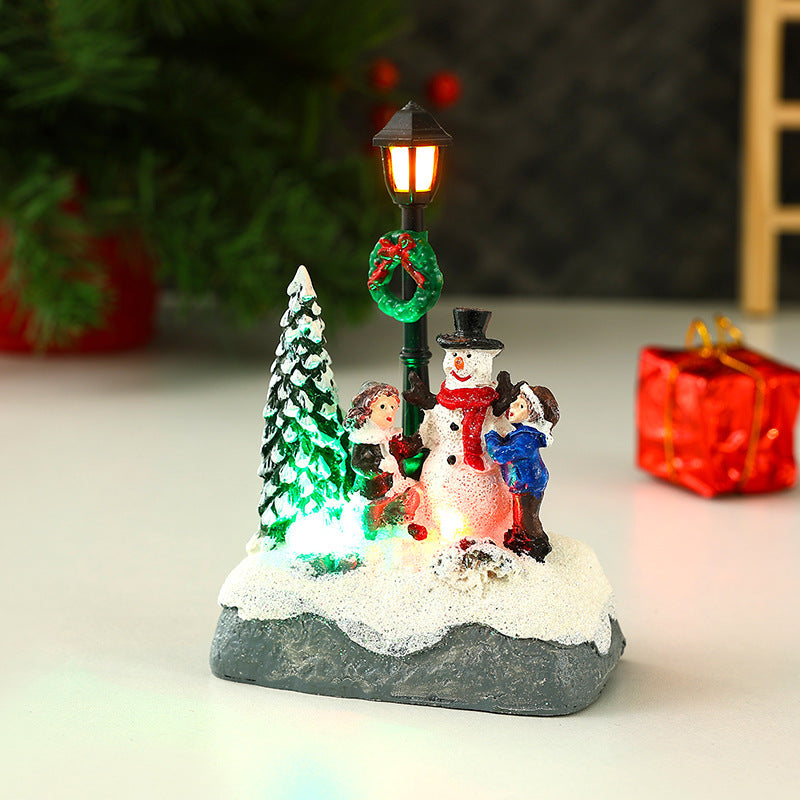 Light Up Christmas Village Figurines with Snowman and Lamp Post