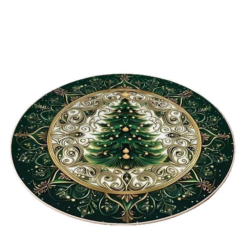 Round Washable Christmas Rug with Tree and Reindeer Design