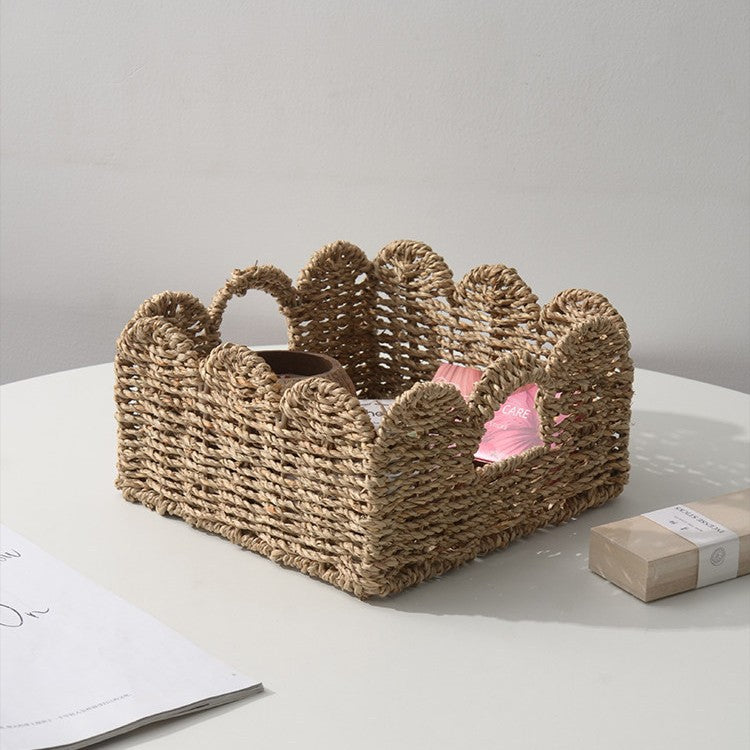 Woven Storage Organizer with Two Side Handles | Wave Pattern Basket for the Living Room or Hallway | 4 Colors