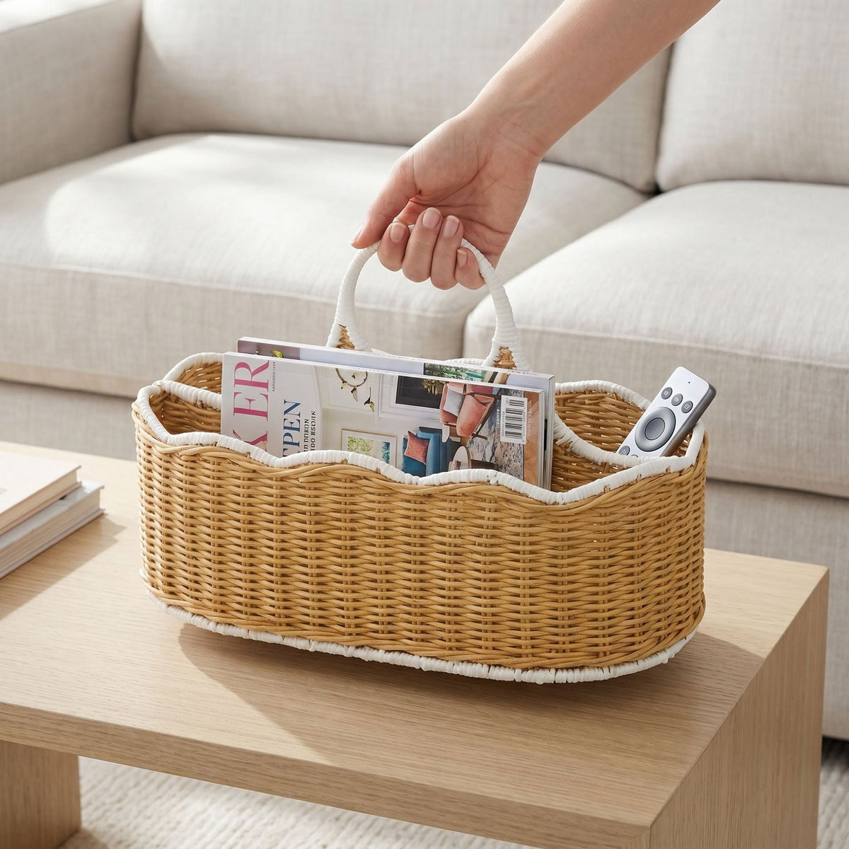 Woven Storage Caddy with a Center Handle | Two Compartments for Everyday Odds and Ends | Hallway or Living Room