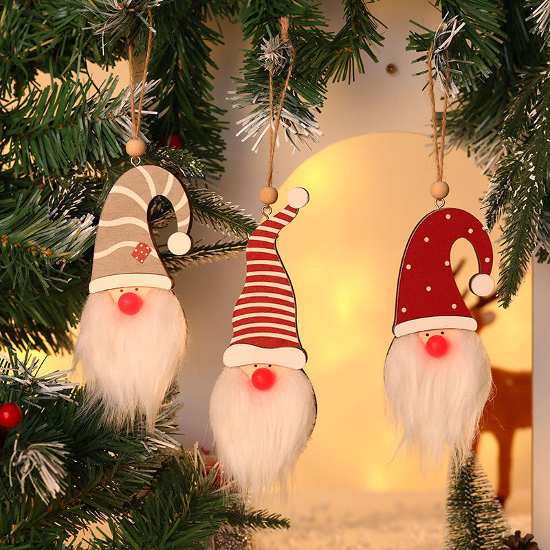 Wooden Gnome Christmas Tree Ornaments with Fluffy Beards