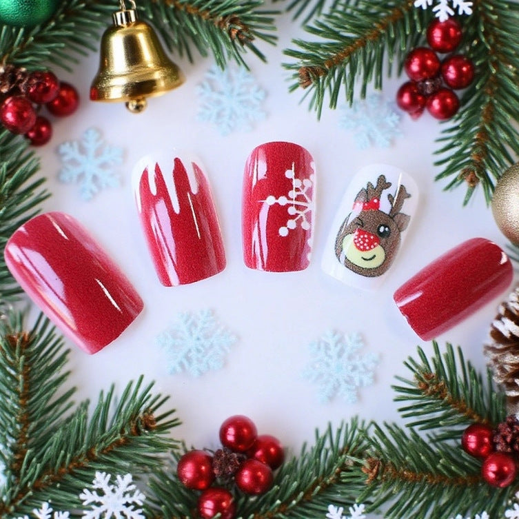 Christmas Press On Nails with Reindeer and Snowflake Designs