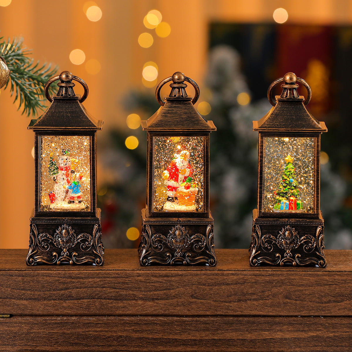 Miniature Christmas Ornaments Light Up Lantern with LED Scene