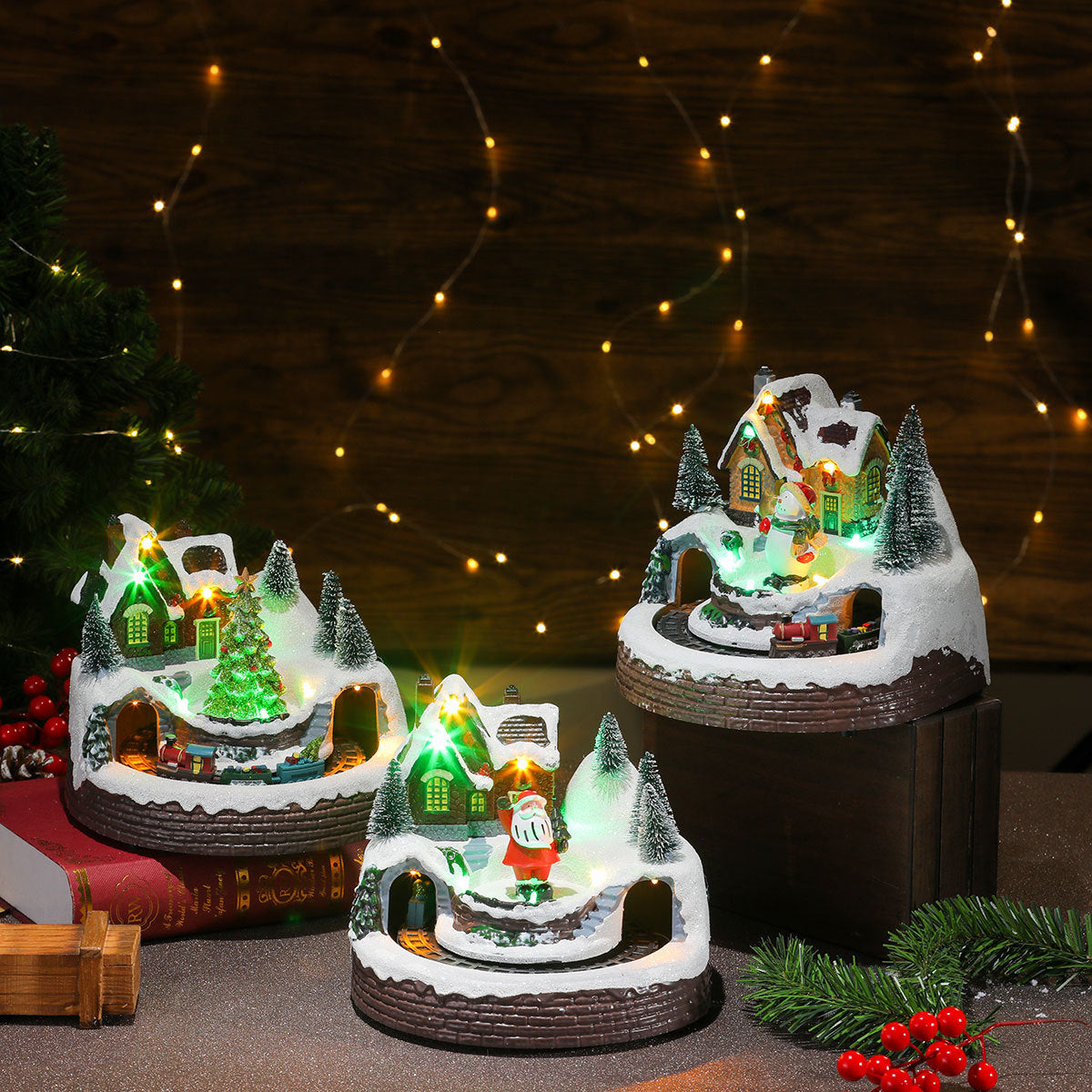 Light Up Christmas Village Scene with Moving Train