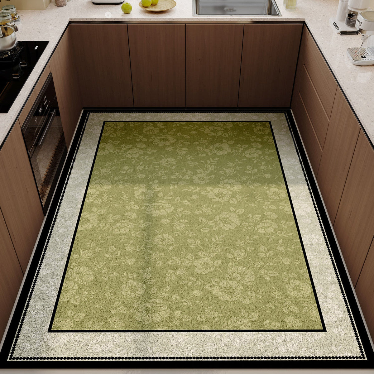 Floral Print Kitchen Rug with Non-Slip Backing | Soft Underfoot and Machine Washable | Green Moss Shades