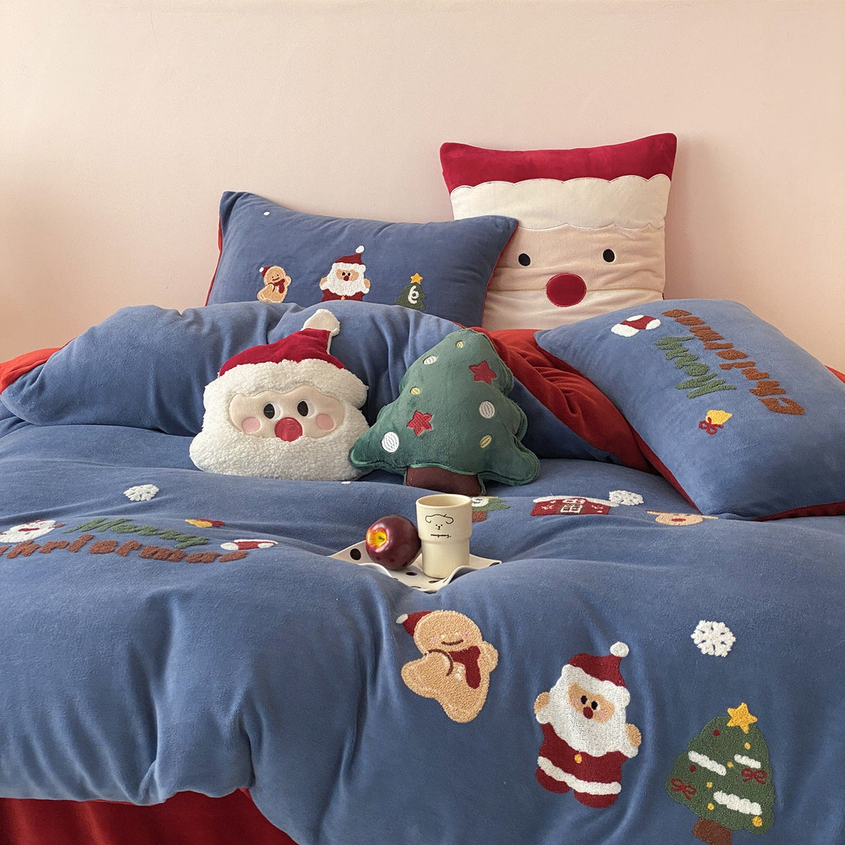 Velvet Christmas Bedding Set with Embroidered Santa