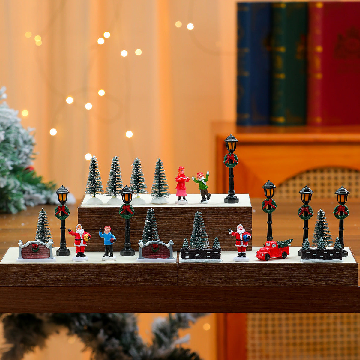 Christmas Village Figurines Set with Street Lamps and Trees