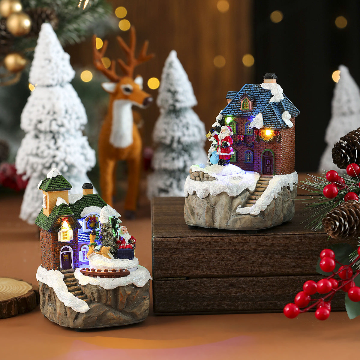 Light Up Christmas Village House Decoration with Santa Figure