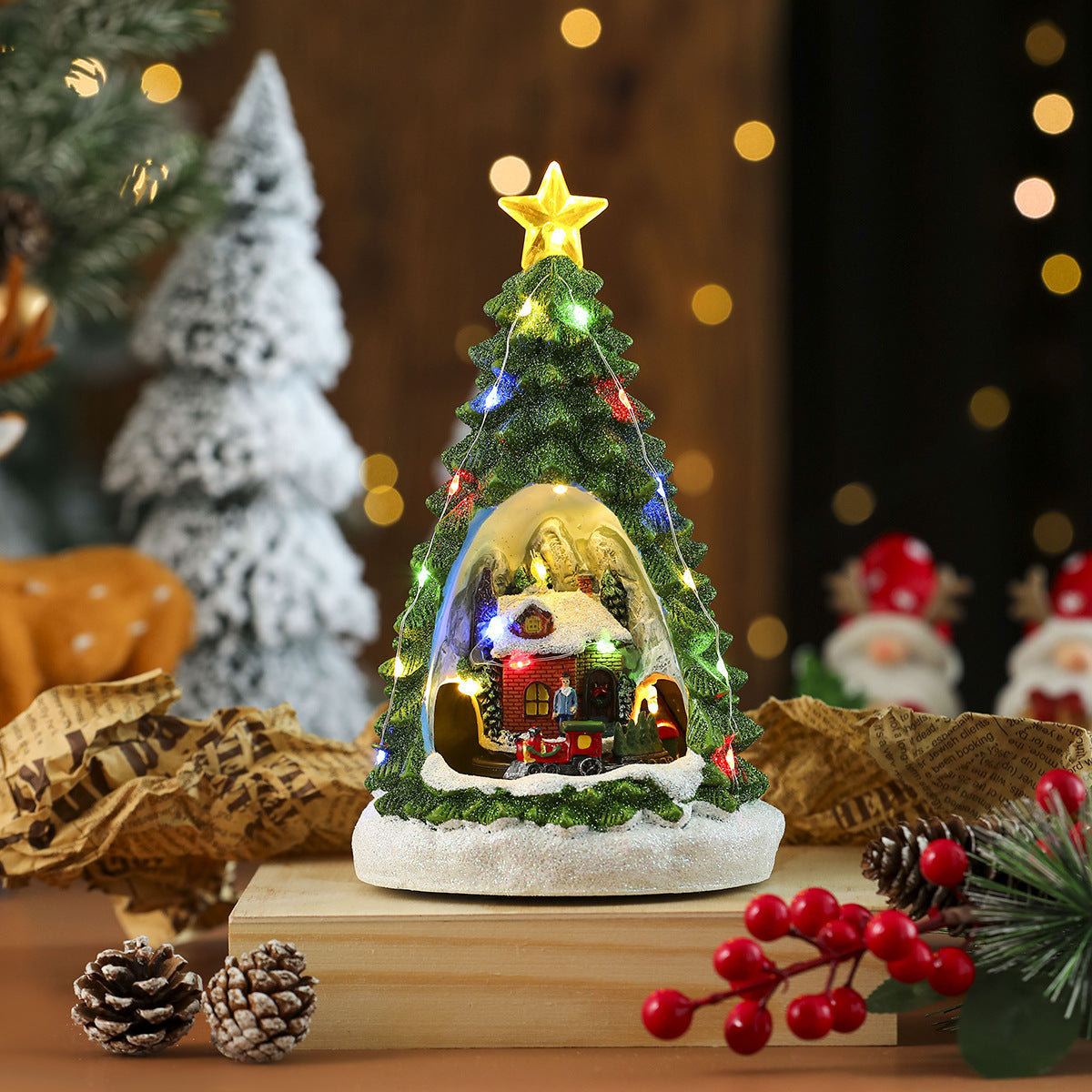 Light Up Christmas Tree Figurine with LED Lights and Village
