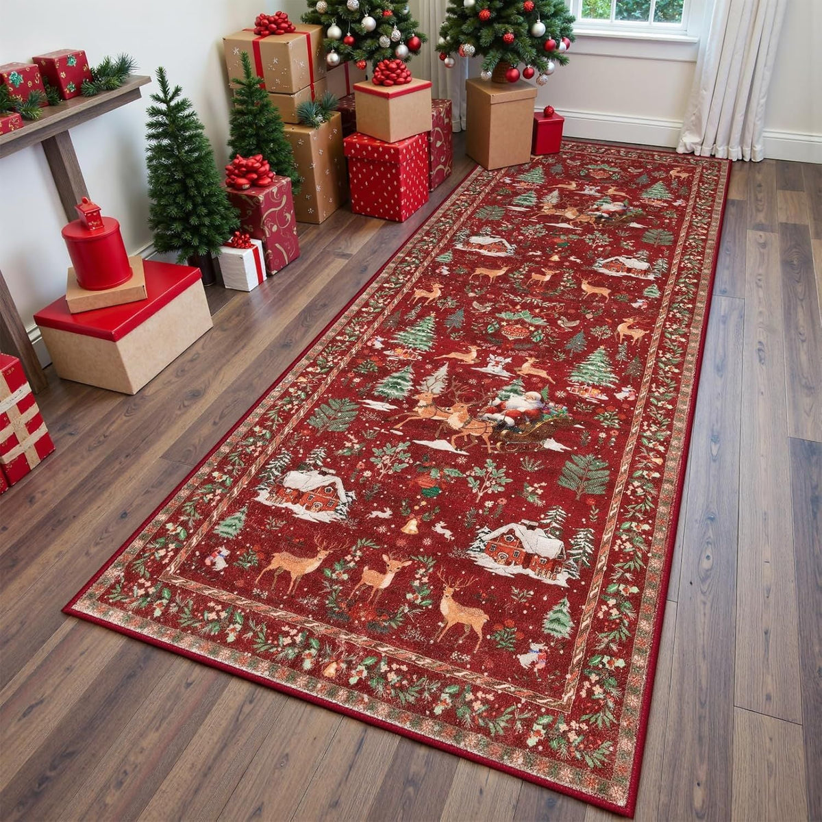 Christmas Runner Rug with Reindeer and Cozy Cabin Design