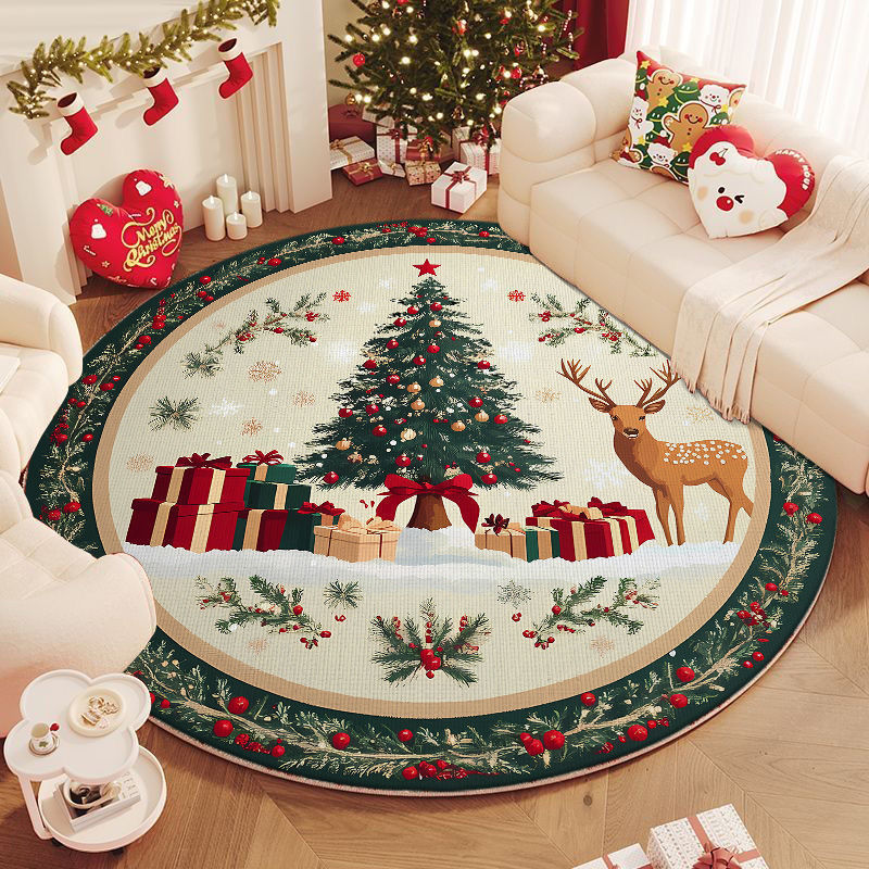 Round Washable Christmas Rug with Tree and Reindeer Design