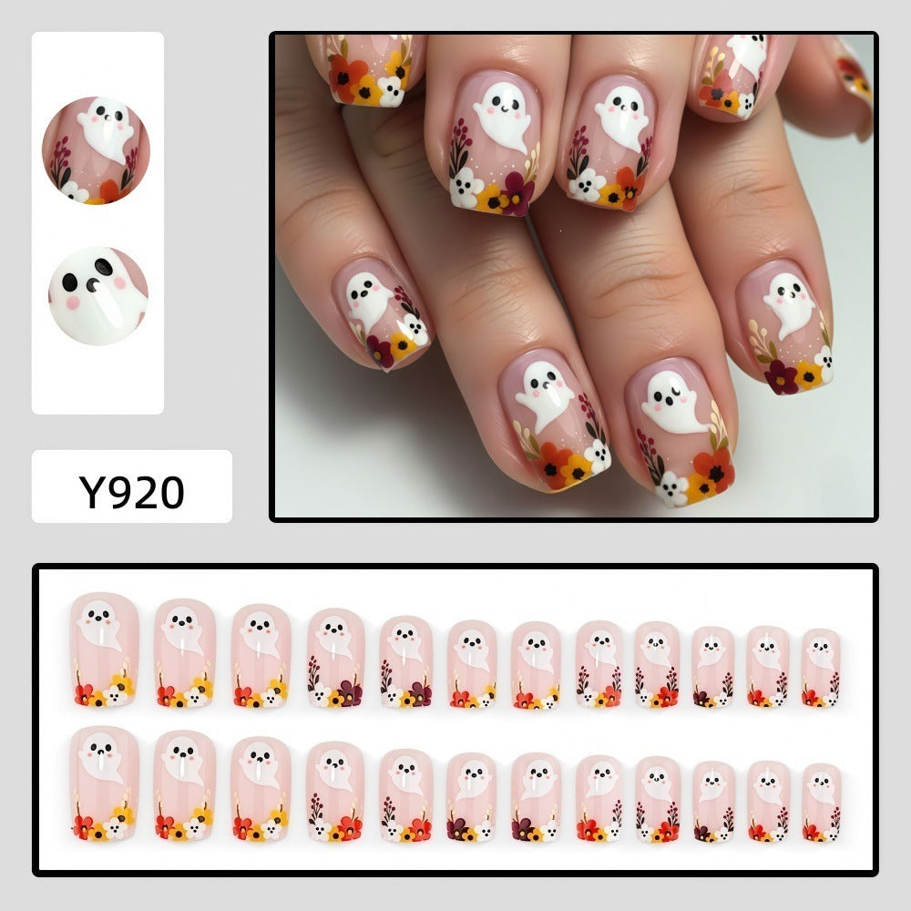 Halloween Ghost Floral Press-On Nails | Available in Yellow | Glue-Free Application in Minutes for Parties and Nights Out