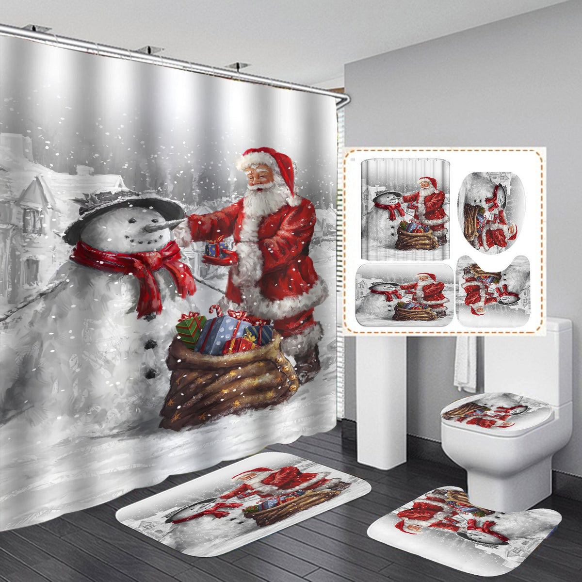 Christmas Shower Curtain Set with Santa and Snowman Bath Mats