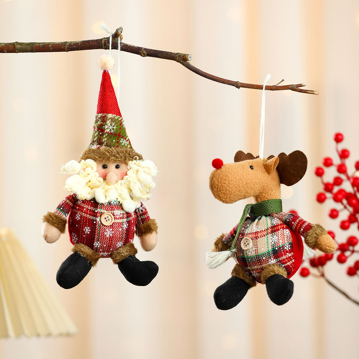 Plaid Santa, Snowman and Reindeer Christmas Tree Ornaments