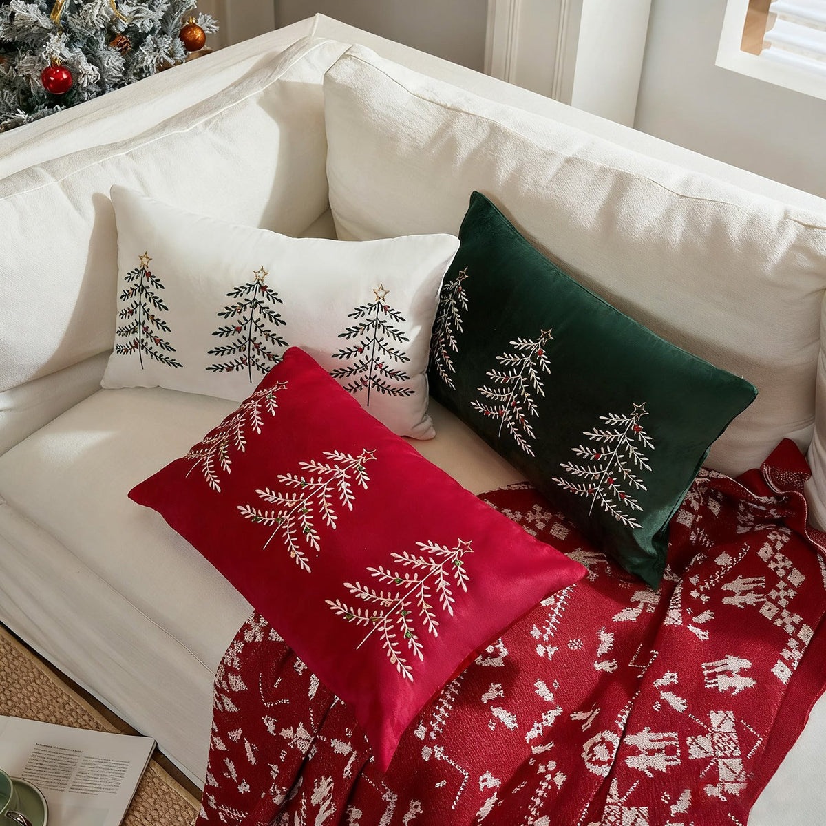 Embroidered Christmas Pillow Covers with Three Tree Design