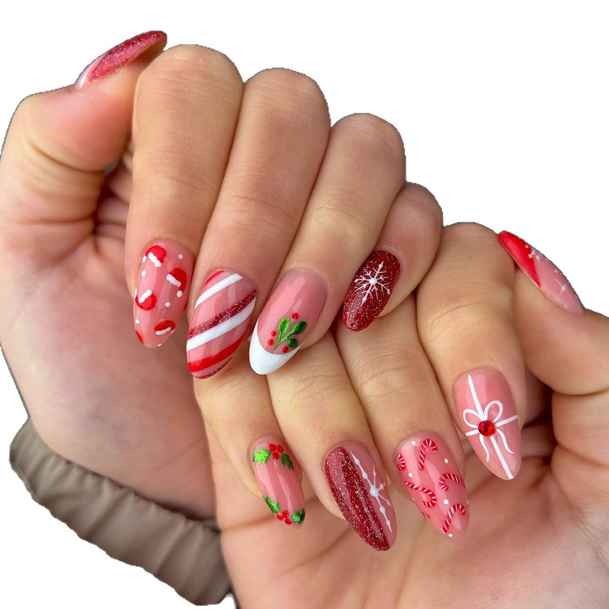 Candy Cane Nails with Christmas Snowflake Motifs | Glossy Press On Nail Designs | Festive Winter Manicure Kit for Home