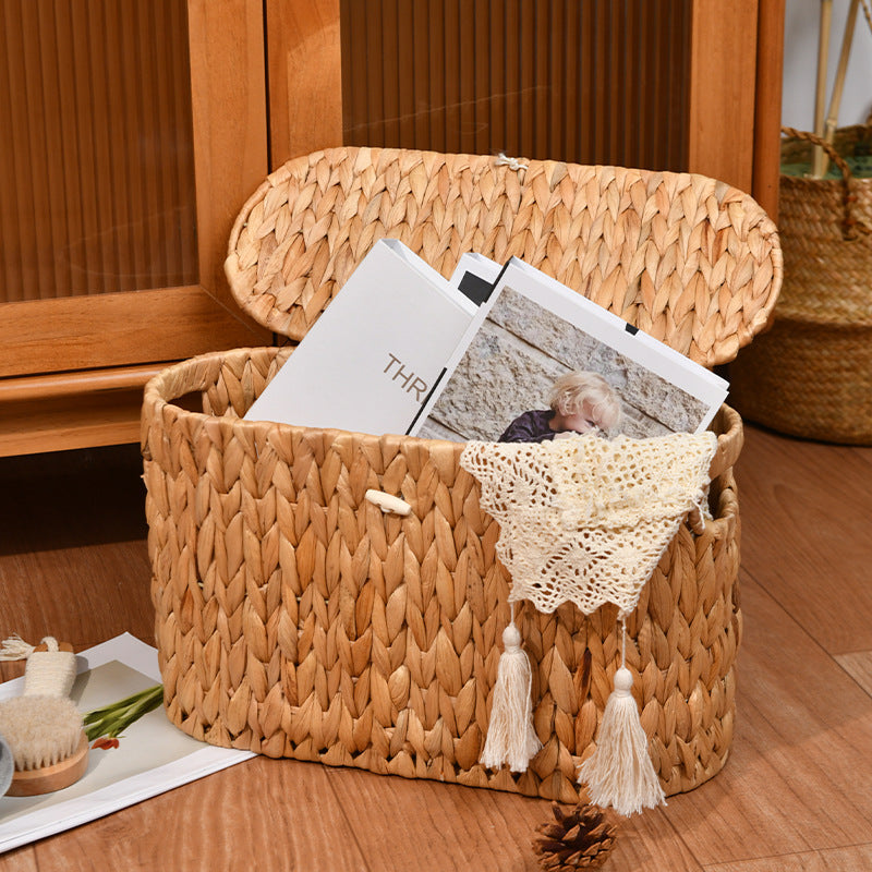 Handwoven Oval Basket with a Lift-Off Lid | Bathroom Storage for Toys and Blankets | 15.7 x 9 x 6.7 in