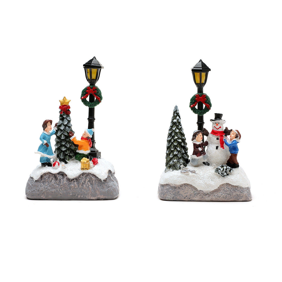 Light Up Christmas Village Figurines Set with Snowman Scene