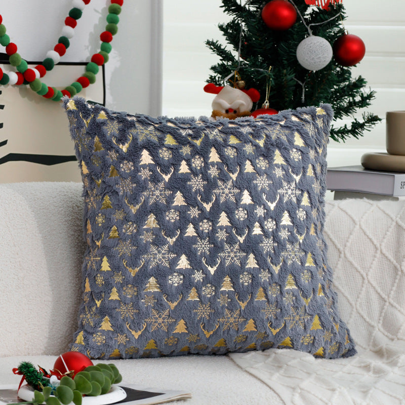 Gold Christmas Pillow Cover with Tree and Reindeer Print | Square Velvet Look Fabric, Hidden Zipper | Eight Designs in Three Sizes