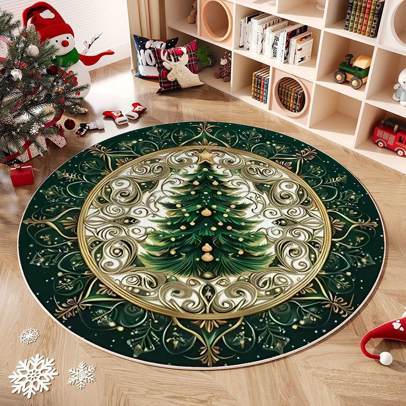 Round Washable Christmas Rug with Tree and Reindeer Design
