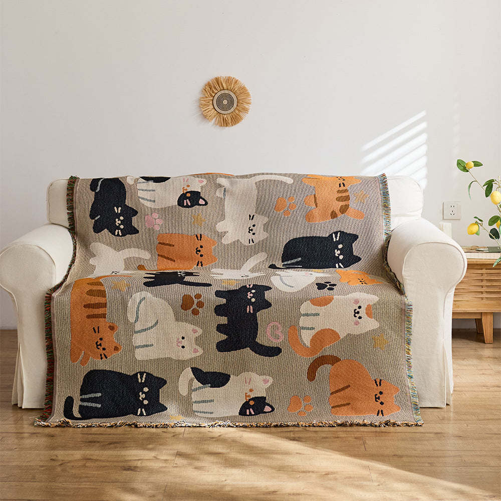 Woven Cat Print Warm Blanket for the Sofa | Soft Fringed Throw for Bed and Armchair | 8 Colorways