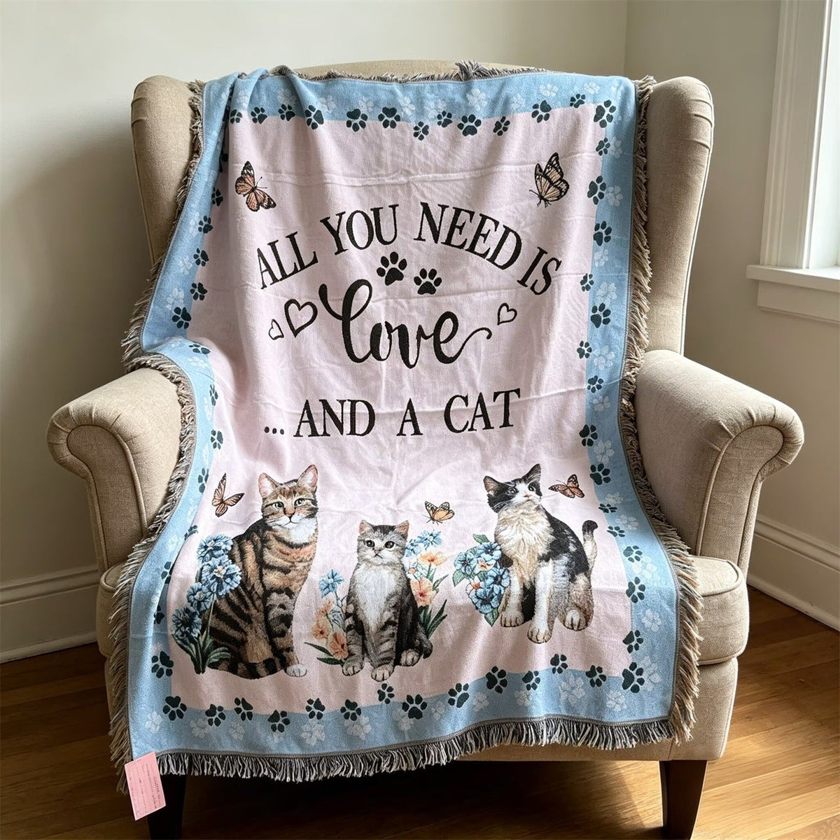 Woven Cat Throw with Fringed Edge and Paw Print Border | Warm Blanket for Sofa and Bed | 51 x 63 in, 2 Designs