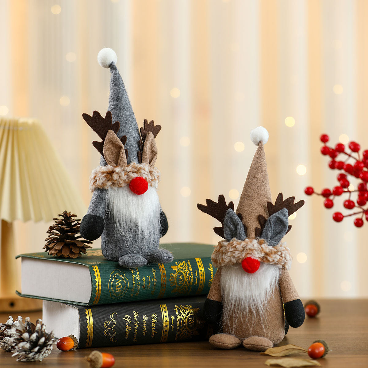 Reindeer Gnome Christmas Decor Figurine with Plush Beard