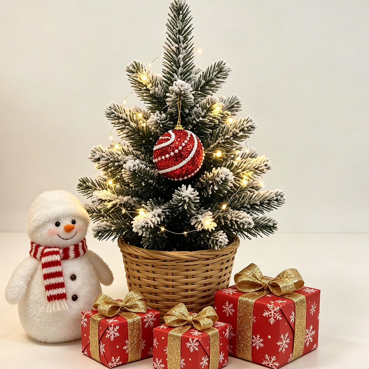 Red and White Christmas Tree Ornaments Set with Santa and Snowman