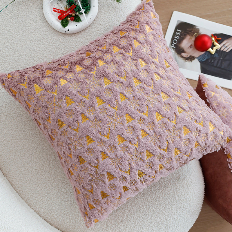 Gold Christmas Pillow Cover with Tree and Reindeer Print | Square Velvet Look Fabric, Hidden Zipper | Eight Designs in Three Sizes
