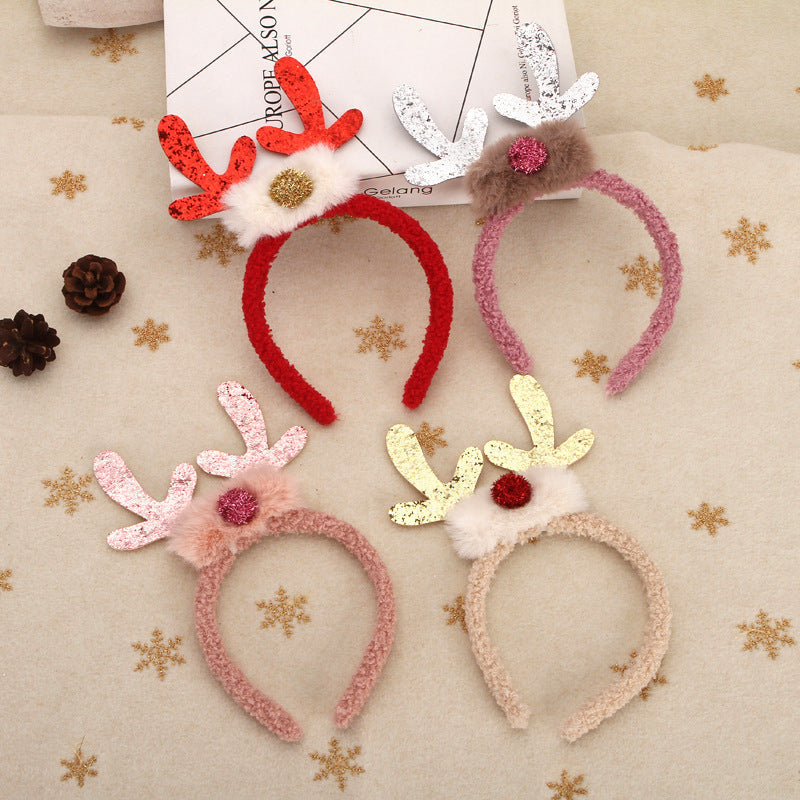 Reindeer Antler Christmas Headband with Pom Poms and Glitter