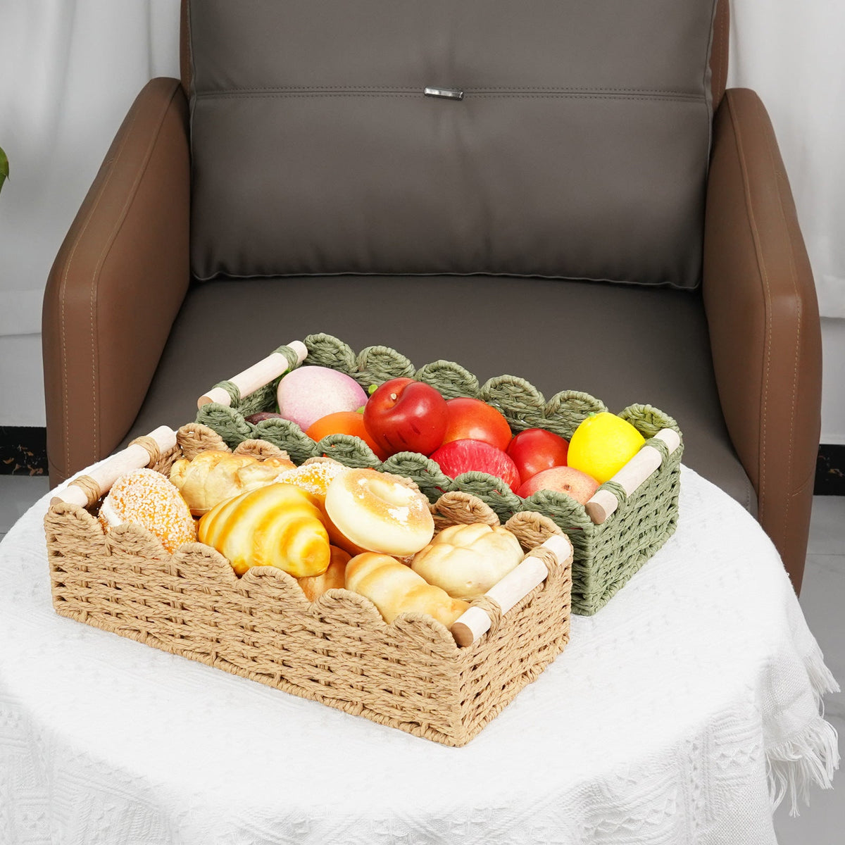 Woven Storage Caddy with Wooden Handles and Scalloped Rim | Paper Rope Basket for Kitchen and Bath | 2 Colors