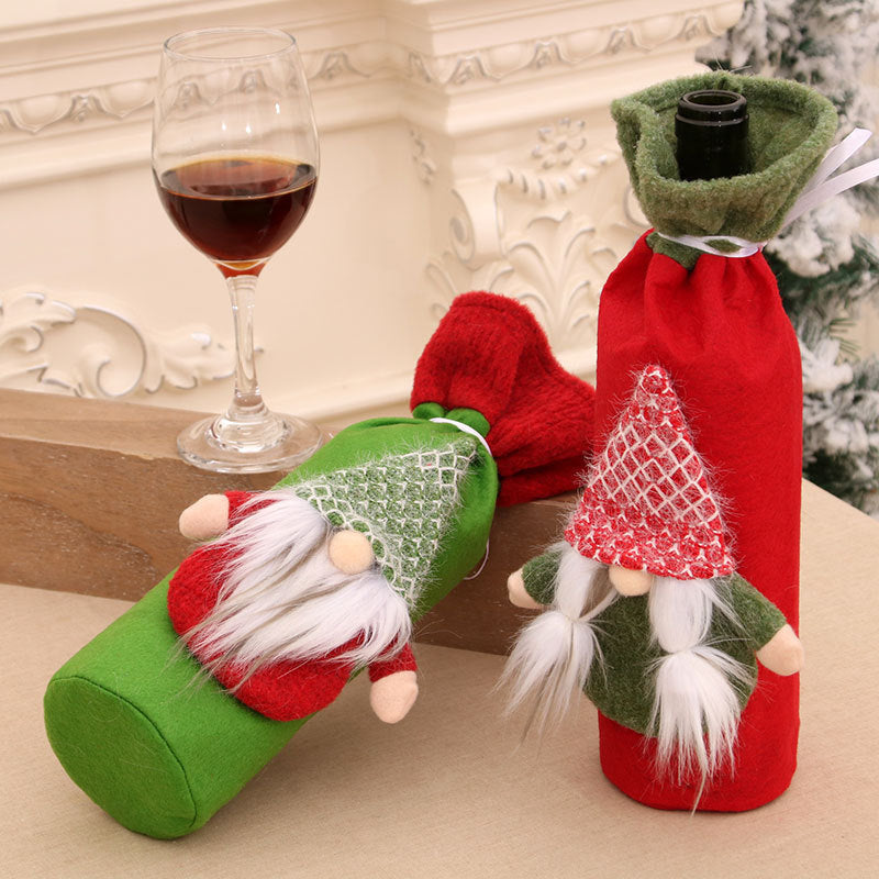 Gnome Christmas Decor Wine Bottle Cover with Red Hat and Ribbon
