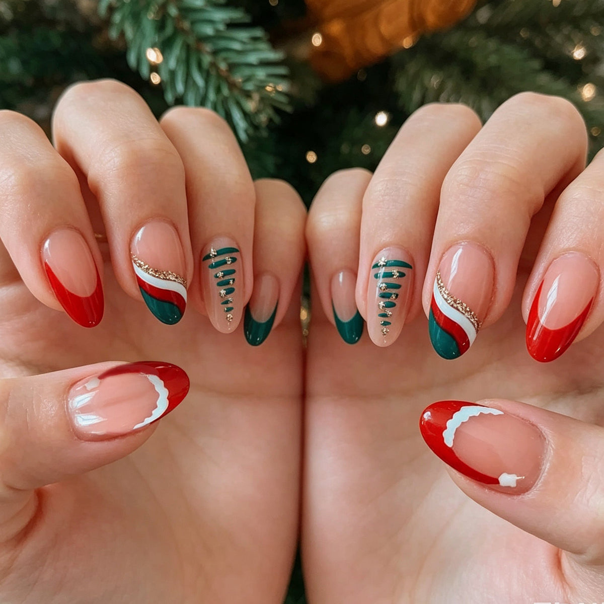 Christmas Press On Nails Set with Holiday Tree and Santa Hat Art