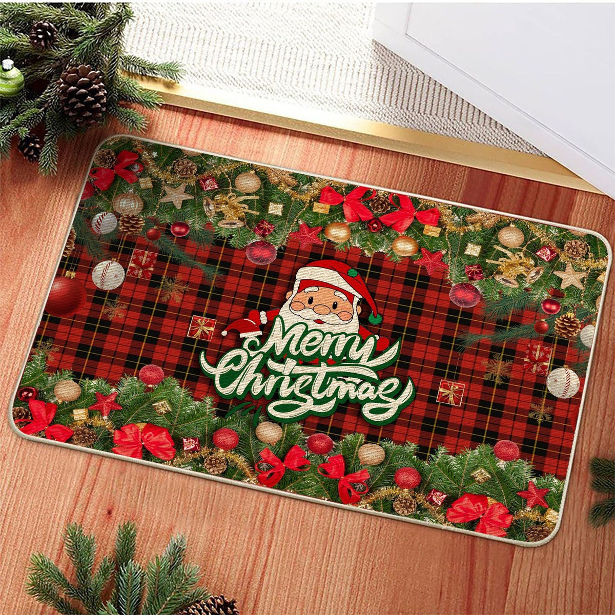 Christmas Door Mat with Santa and Plaid Holiday Design