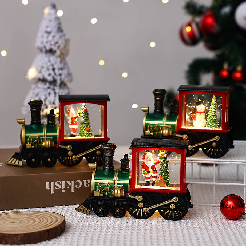 Lighted Christmas Train Ornaments with Santa and Snowman Scene