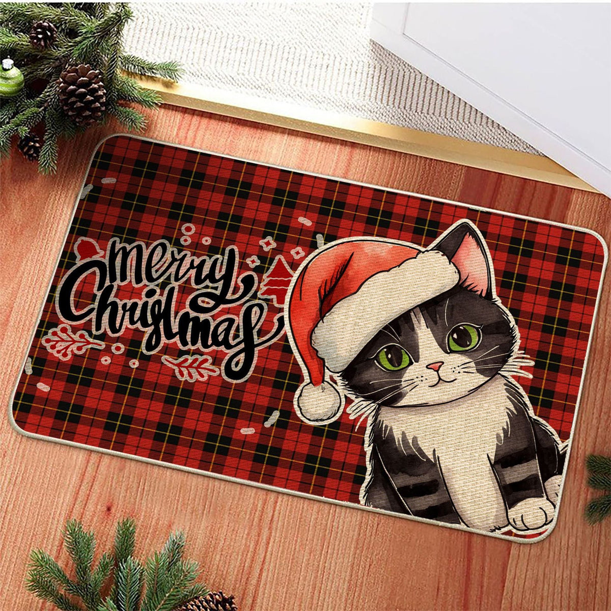 Christmas Door Mat with Santa and Plaid Holiday Design