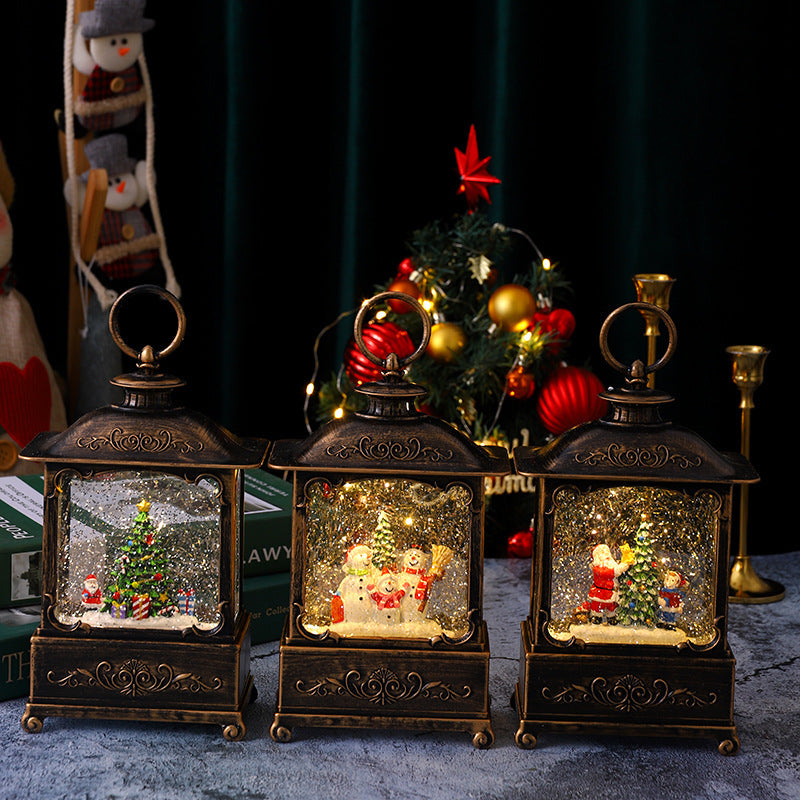Vintage LED Christmas Lanterns with Santa and Snow Glitter Scene