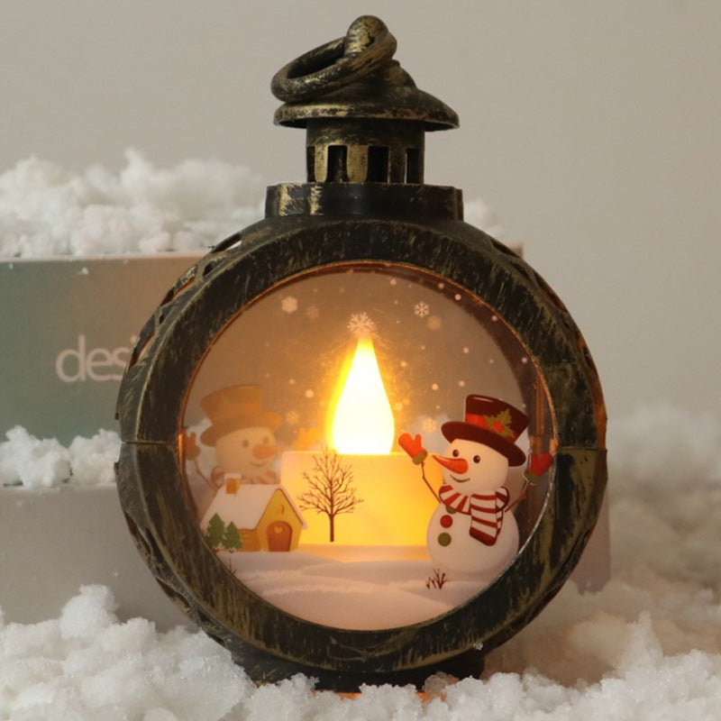 Christmas Lantern with LED Candle Light and Snowman Scene