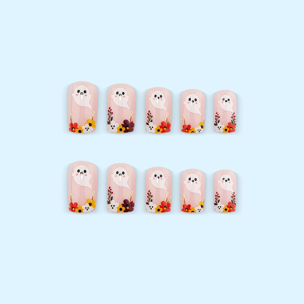 Halloween Ghost Floral Press-On Nails | Available in Yellow | Glue-Free Application in Minutes for Parties and Nights Out