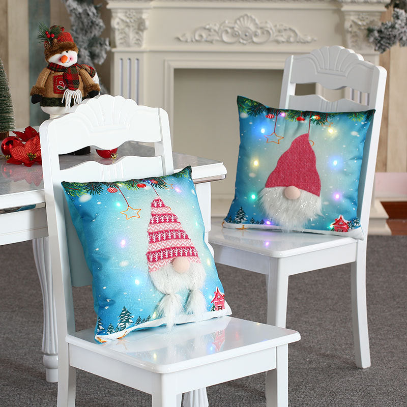 Christmas Throw Pillow Cover with Gnome Design and LED Lights
