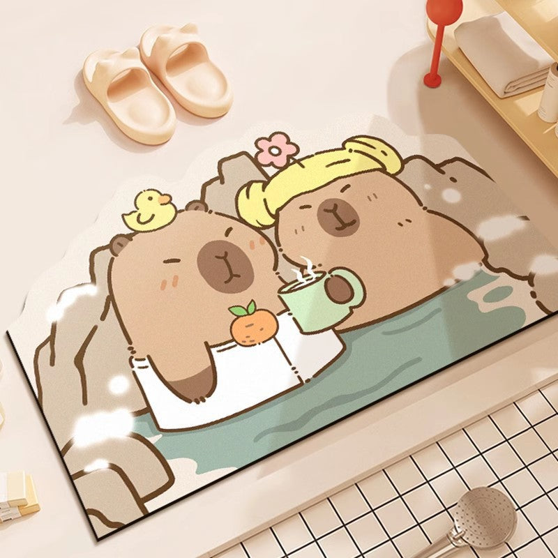 Cartoon Capybara Bath Mat with Non-Slip Backing | Machine Washable Rug for Kitchen or Play Area | One Size, 10 Designs