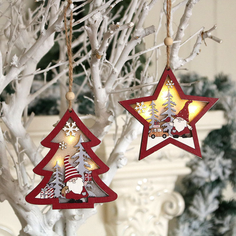 Wooden Light Up Christmas Tree Ornaments with Santa Scene