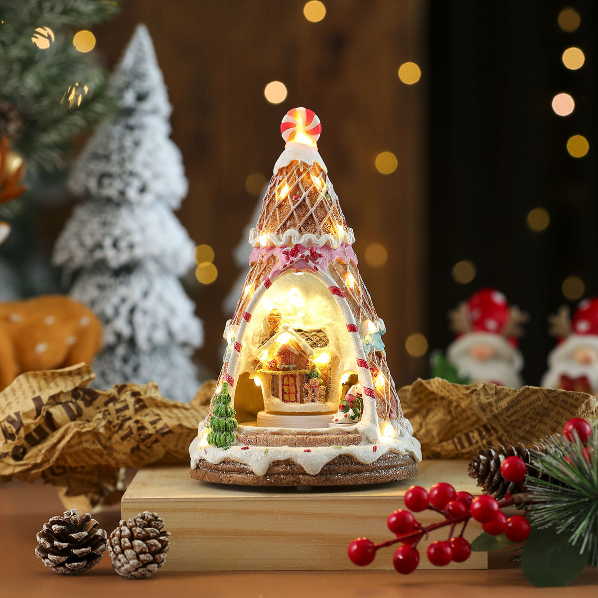 Light Up Christmas Tree Figurine with LED Lights and Village