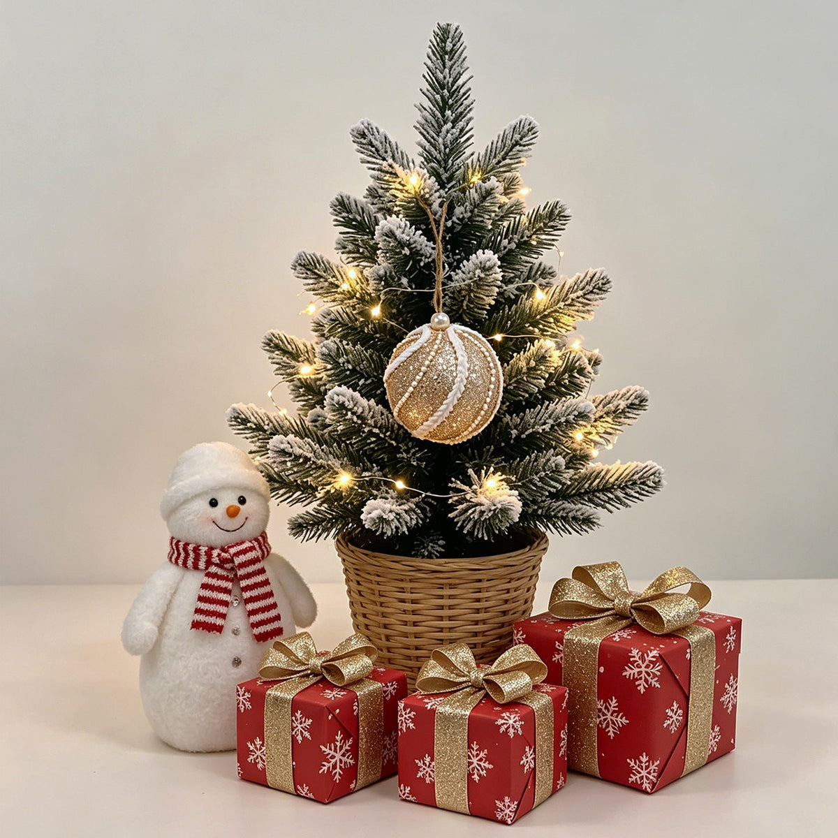Red and White Christmas Tree Ornaments Set with Santa and Snowman