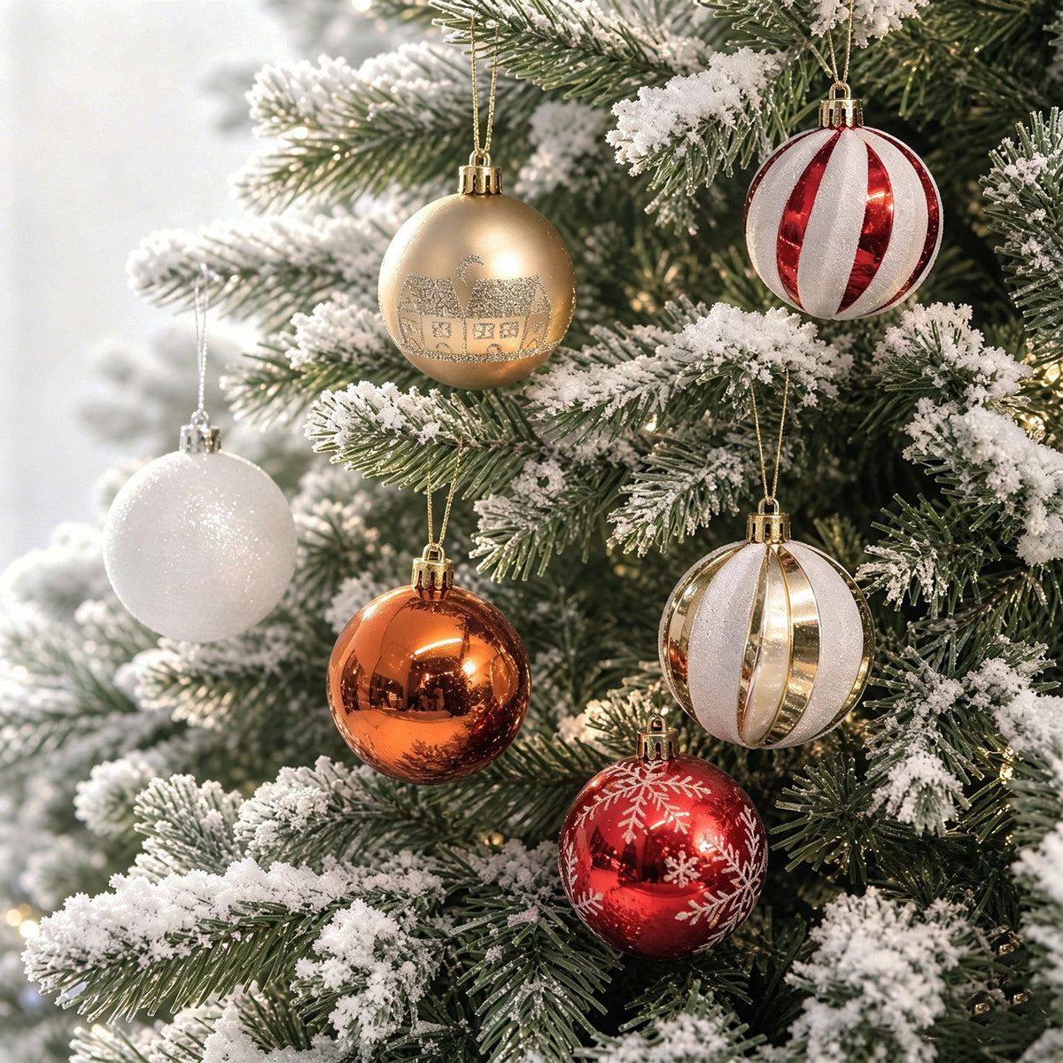 Red and White Christmas Tree Ornaments Set with Santa and Snowman