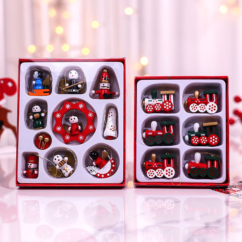 Wooden Christmas Tree Ornaments Set with Trains and Angels