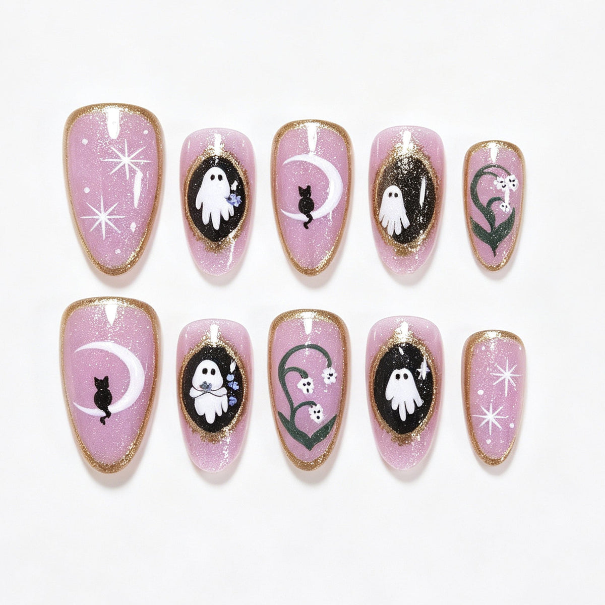 Halloween Press on Nails with Ghost and Cat Art | Almond Shape in Glitter Pink | Adhesive Tabs Included