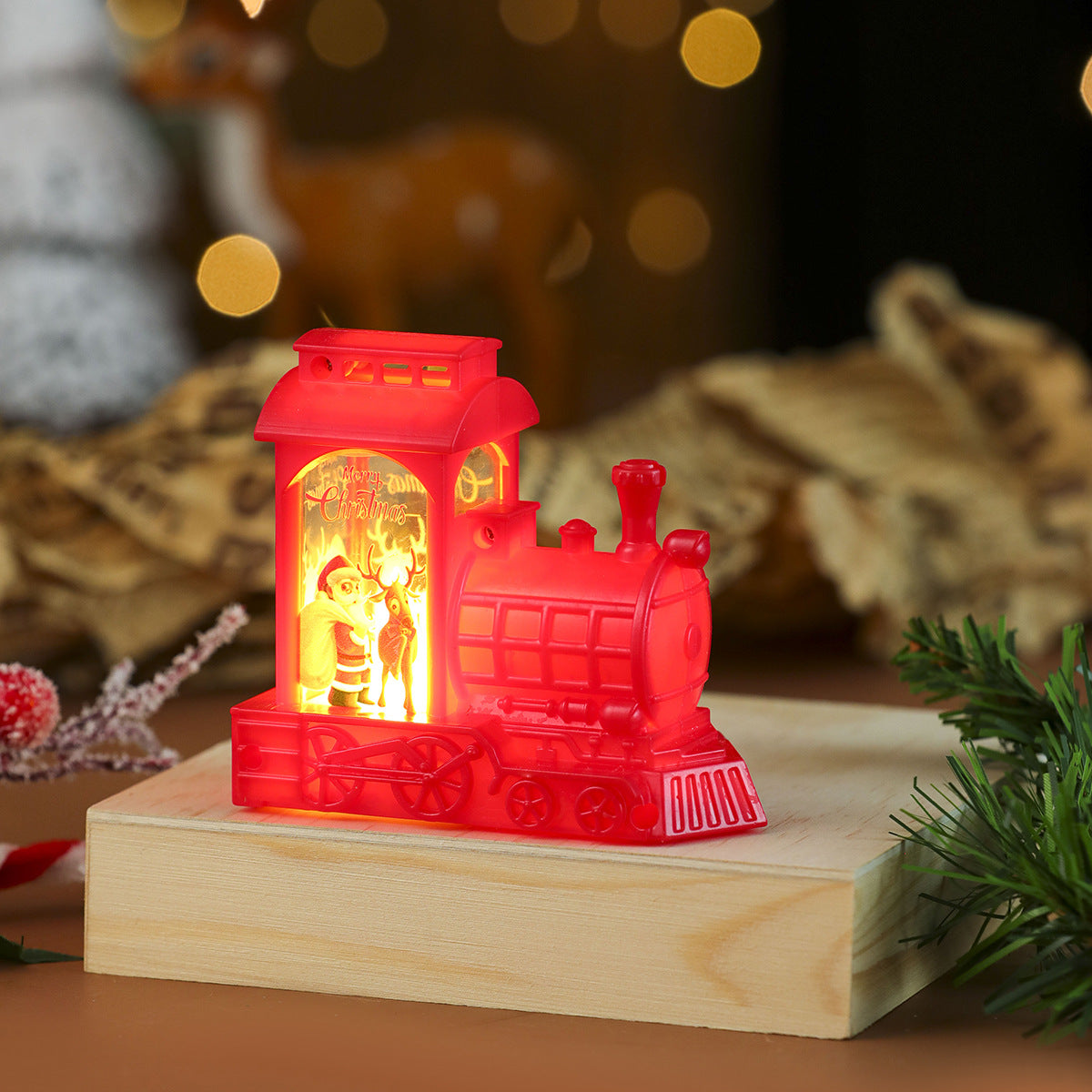 Light Up Christmas Train Ornament with LED Santa Scene