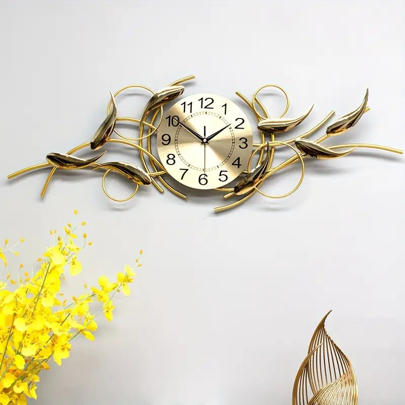 Long Wall Clock with Gold Metal Leaves on a Curling Stem | 36 x 12 in Across the Width of a Sofa | Fixings Included